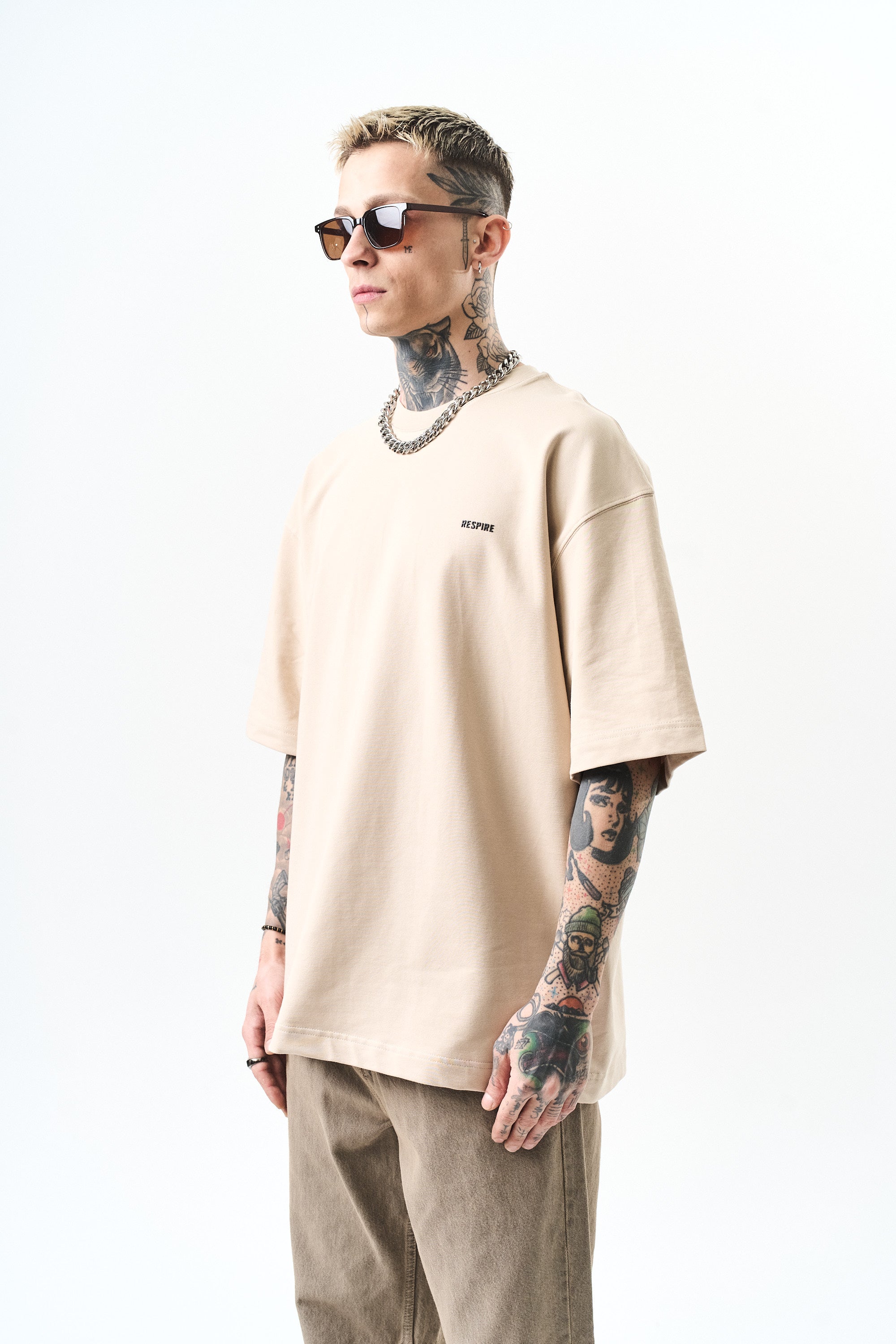 Respire Injection Printed Oversized T-Shirt Beige