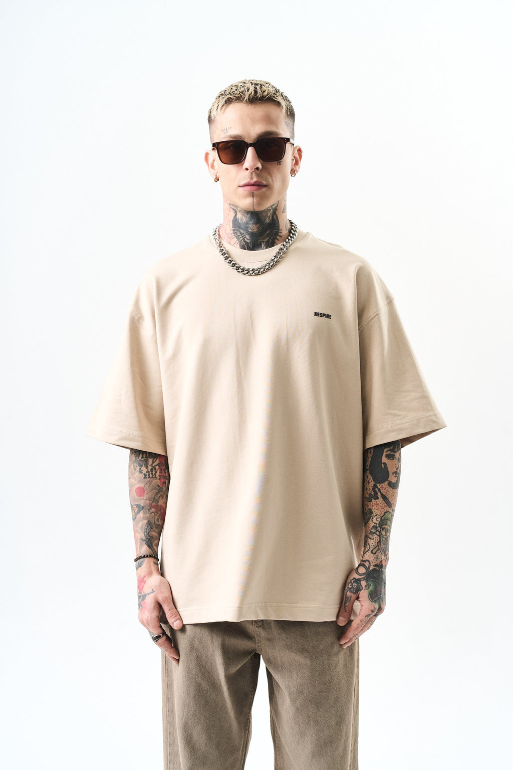 Respire Injection Printed Oversized T-Shirt Beige