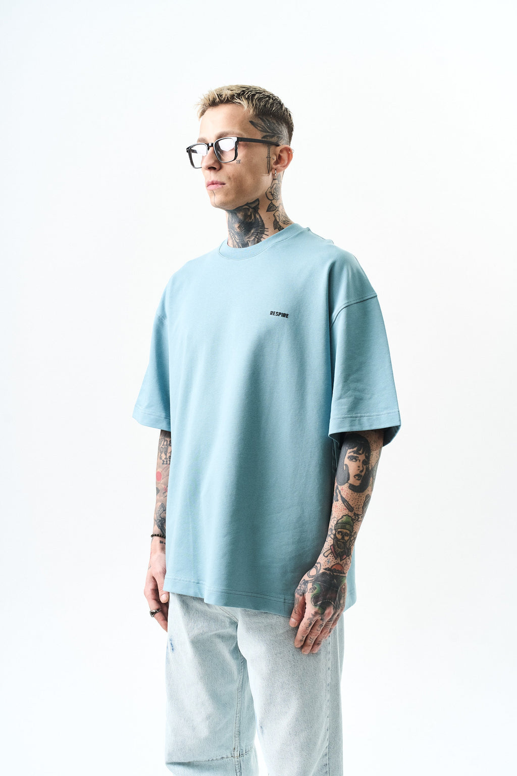 Respire Injection Printed Oversized T-Shirt Light Blue