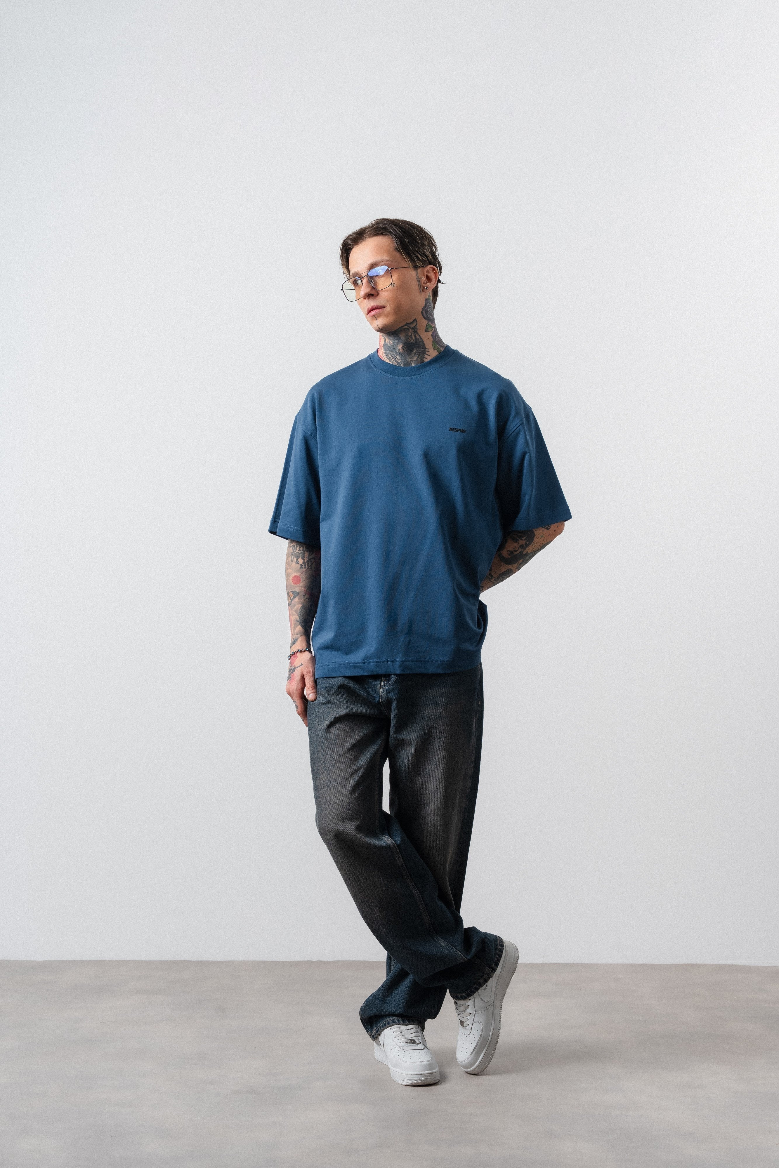 Respire Injection Printed Oversized T-Shirt Navy Blue